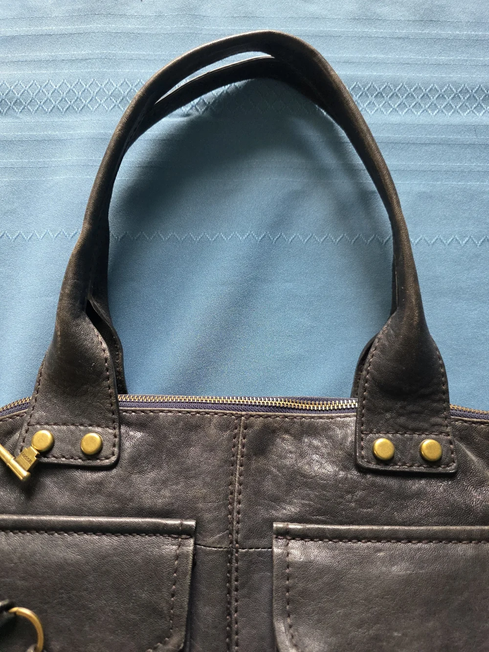 Fossil Long Live Vintage Black Pewter Metallic Leather Cargo Satchel Bag Y2K